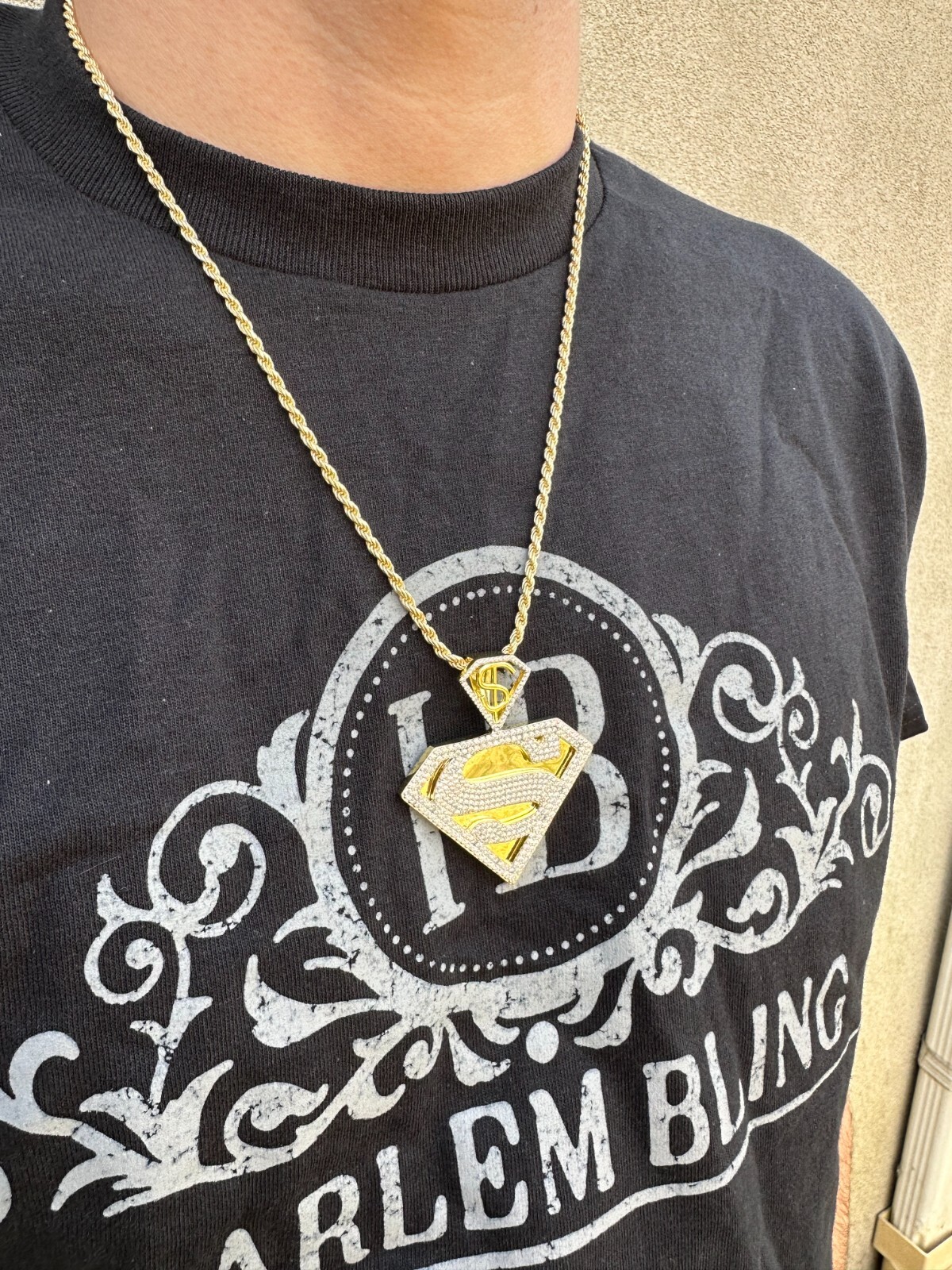 MOISSANITE Real 925 Silver/Gold Plated Iced SUPERMAN Superhero Pendant Necklace