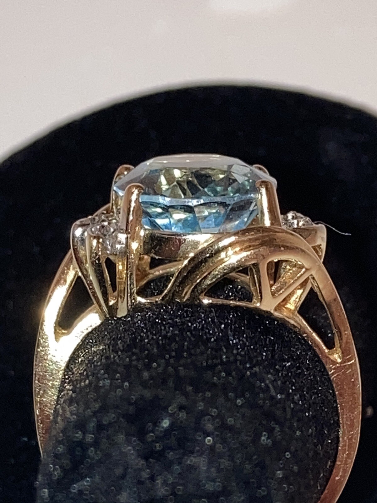 Estate signed FL 14k Gold Natural Blue Topaz & Diamond Cocktail Ring size 6.75
