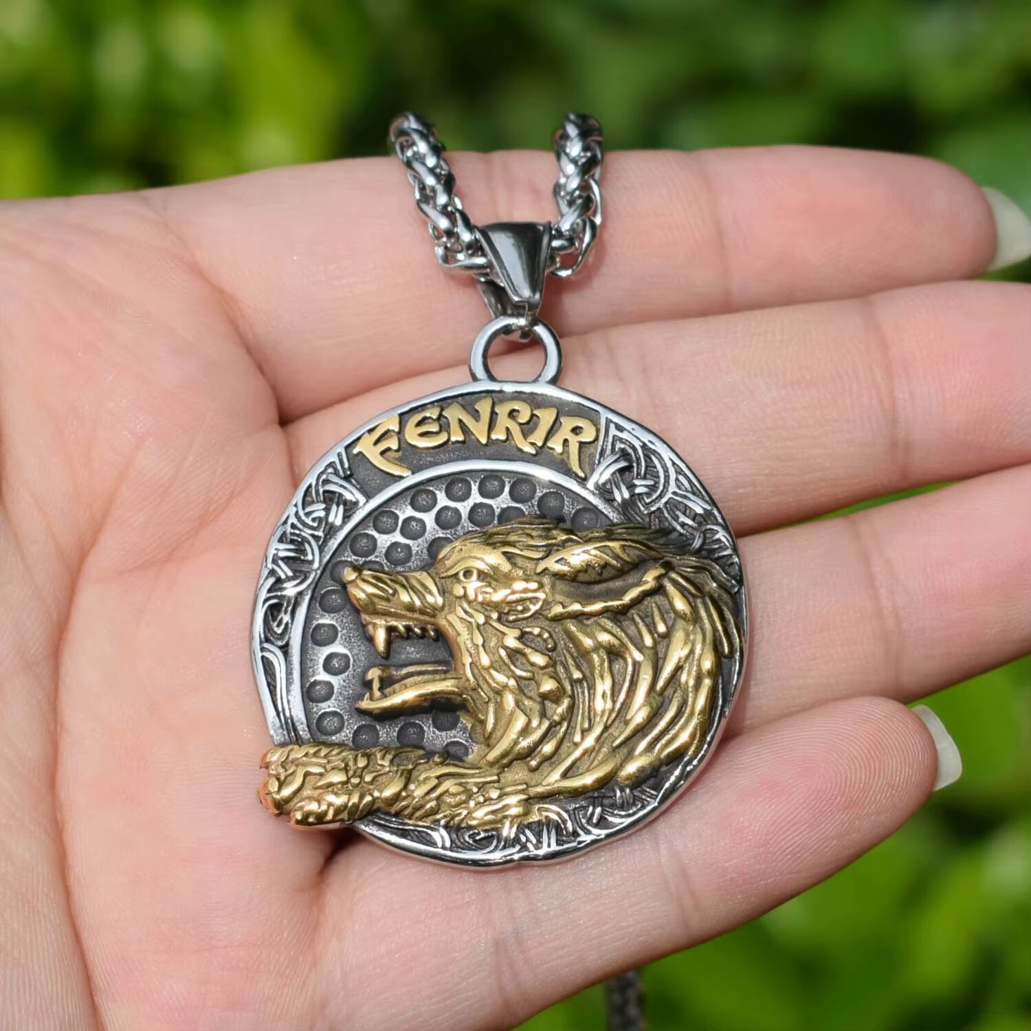 Viking Fenrir Wolf Rune Necklace Stainless Steel Gold Tone Norse Pendant