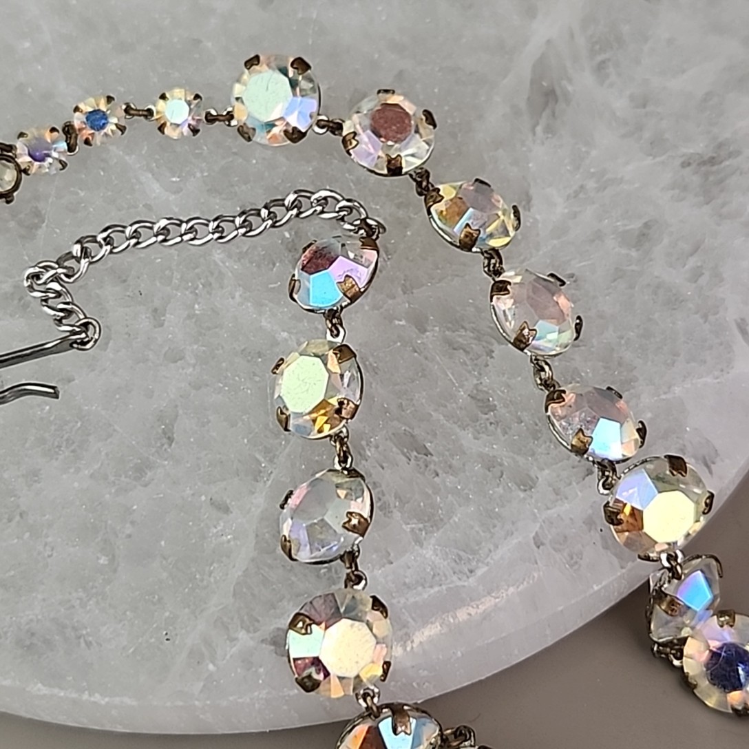 Vintage Open Bezel Necklace Aurora Borealis Round Linked Beads 17″