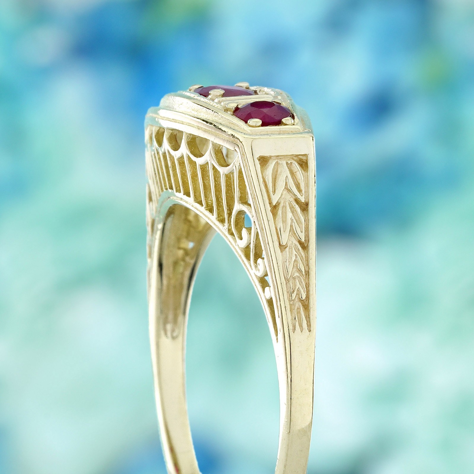 14K Yellow Gold Solid Natural Ruby Vintage Style Three Stone Filigree Ring
