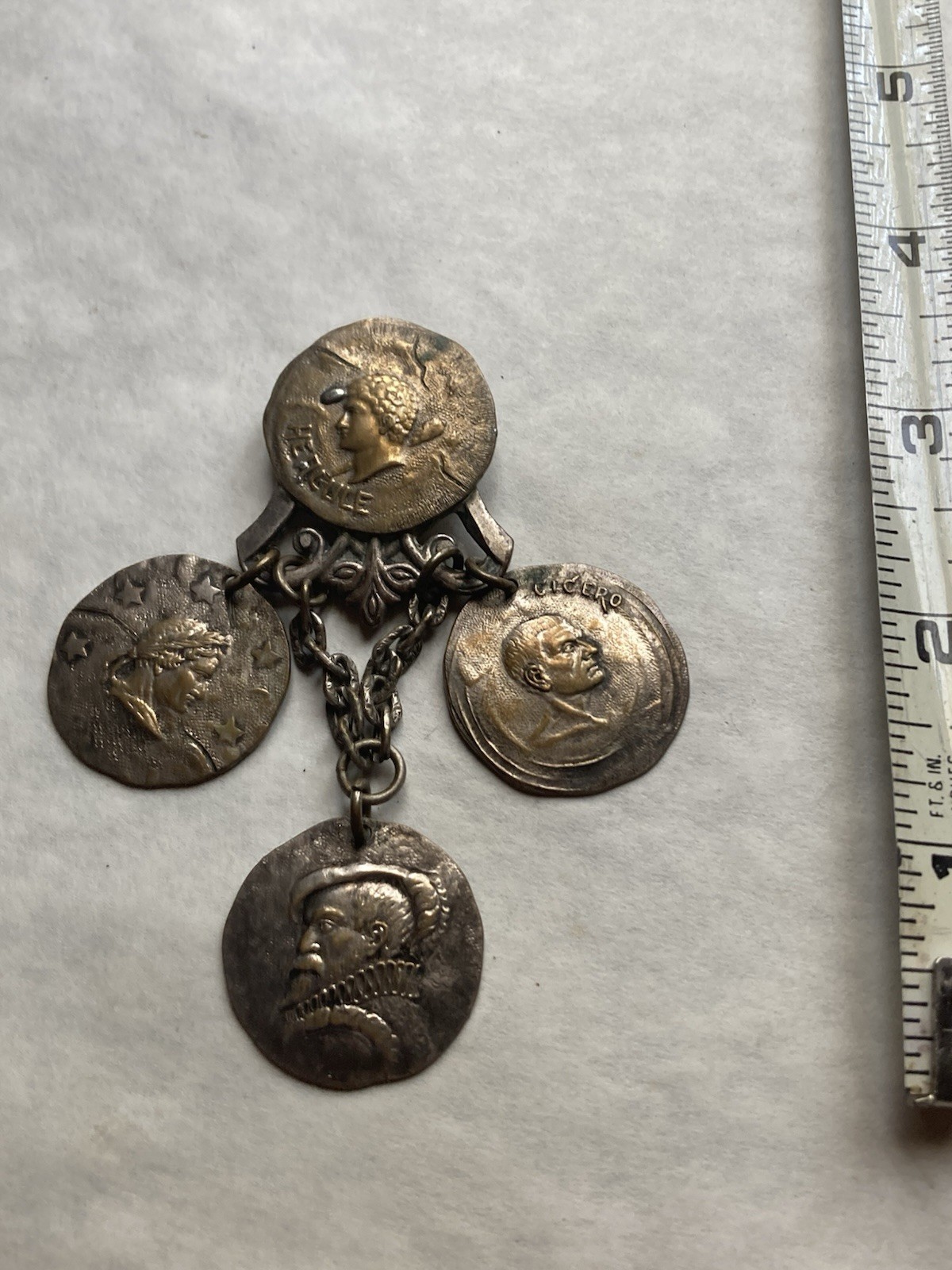Vintage Brooch Pin Dangle Coins Hercules & Cicero & 2 Others