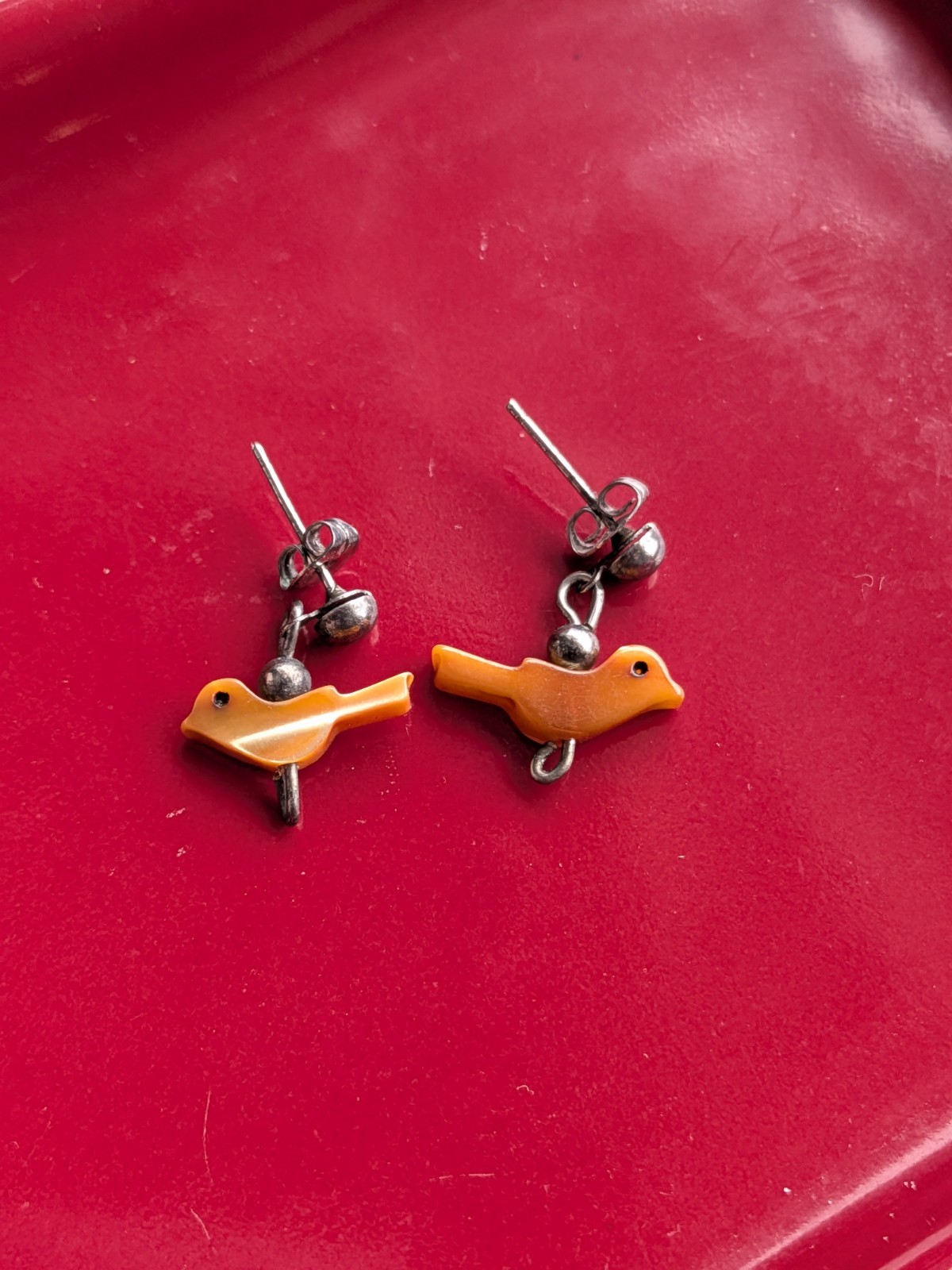 MCM Dainty Fetish Pierced Silver Tone Earrings Carved Orange Brown Shell Birds