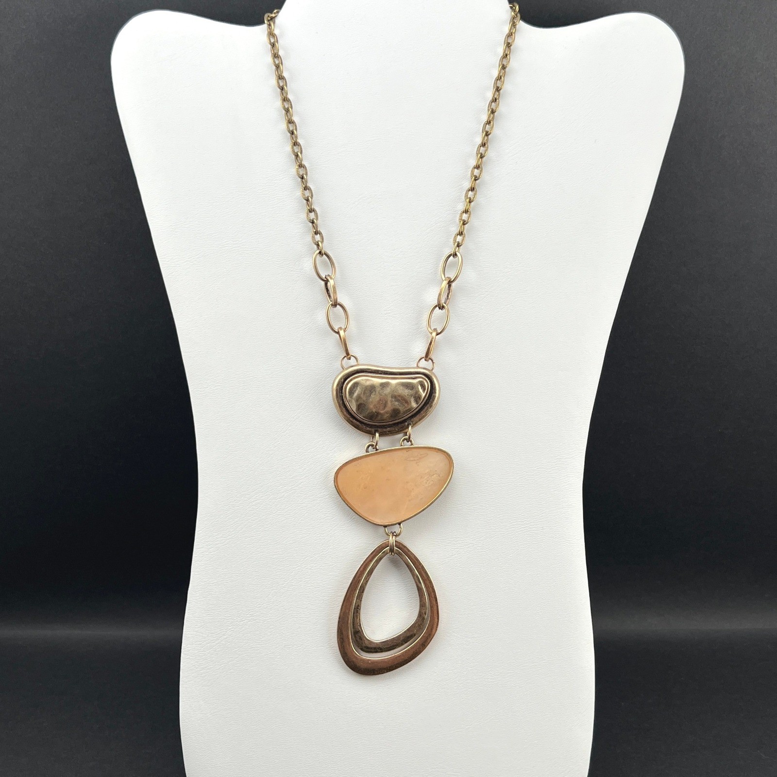 Laura Ashley Statement Necklace Brass Tone Peach Geometric 20″