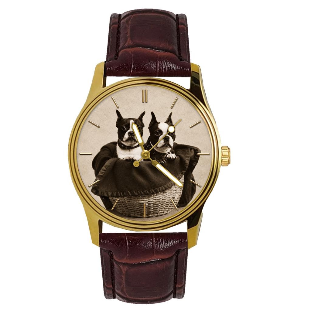 Boston Terrier Dog Breed Vintage 19th Century Dog Lover Art Solid Brass Watch