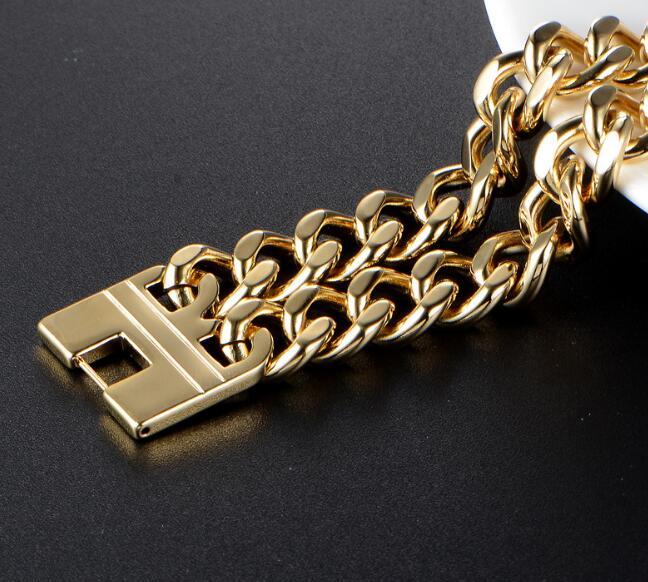 18mm 9” (23cm) Gold Stainless Steel Smooth Two Rows Curb Link-chain Bracelet