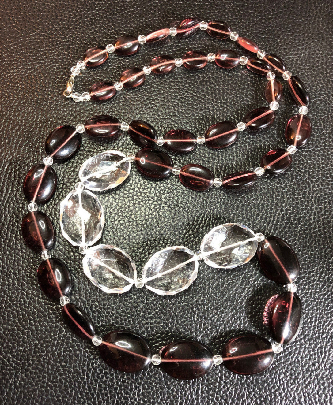 Burgundy Glass & Quartz Crystal Bead Station Necklace Sterling Silver 925 5393