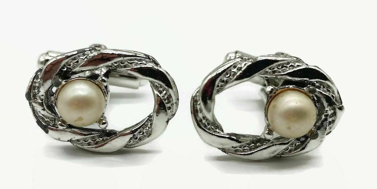 Sliver Toned 3/4″ Cufflinks Cuff Links w/ Faux Pearl Male Female Unisex