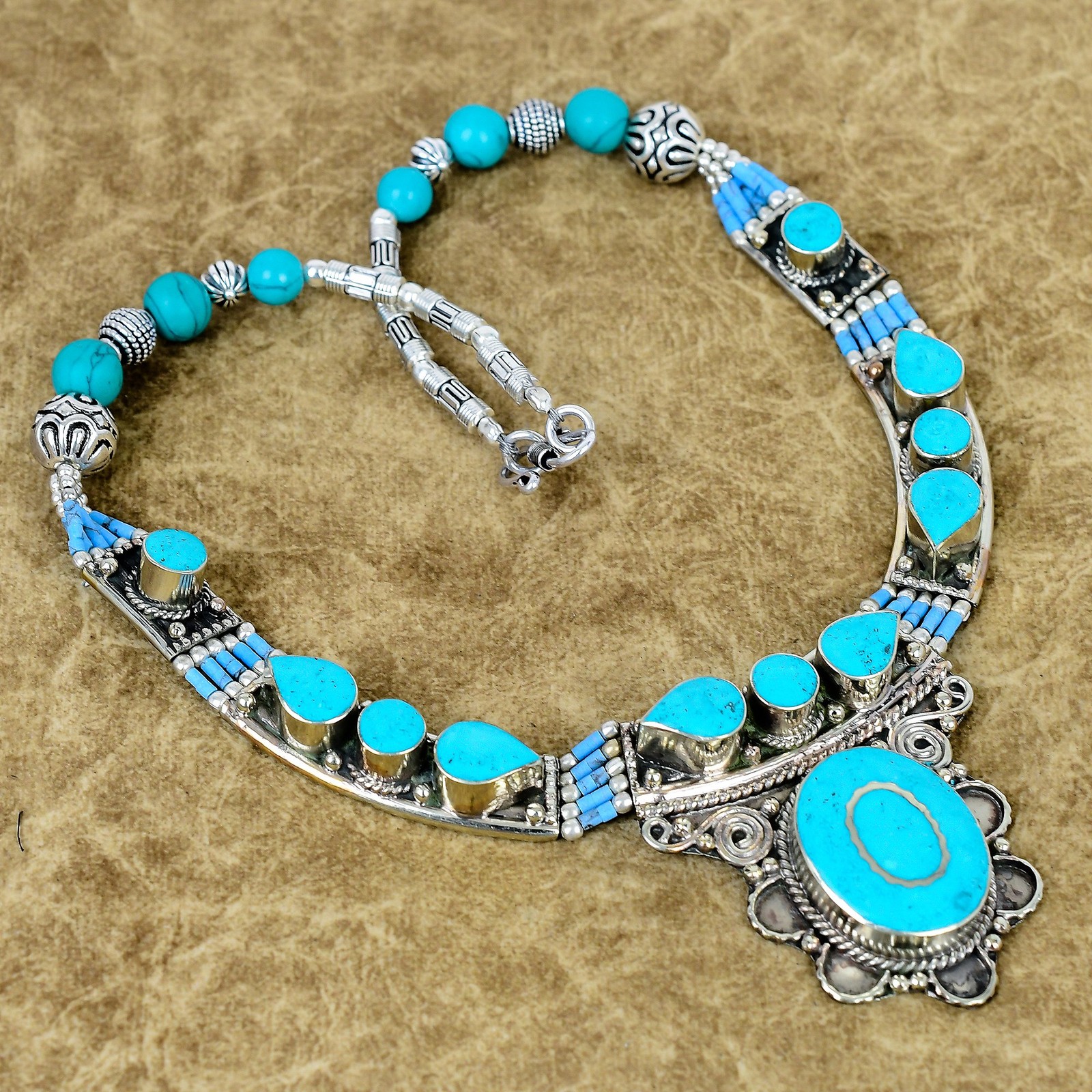 Natural Turquoise Necklace 925 Sterling Silver Handmade Nepali Boho Jewelry SC55