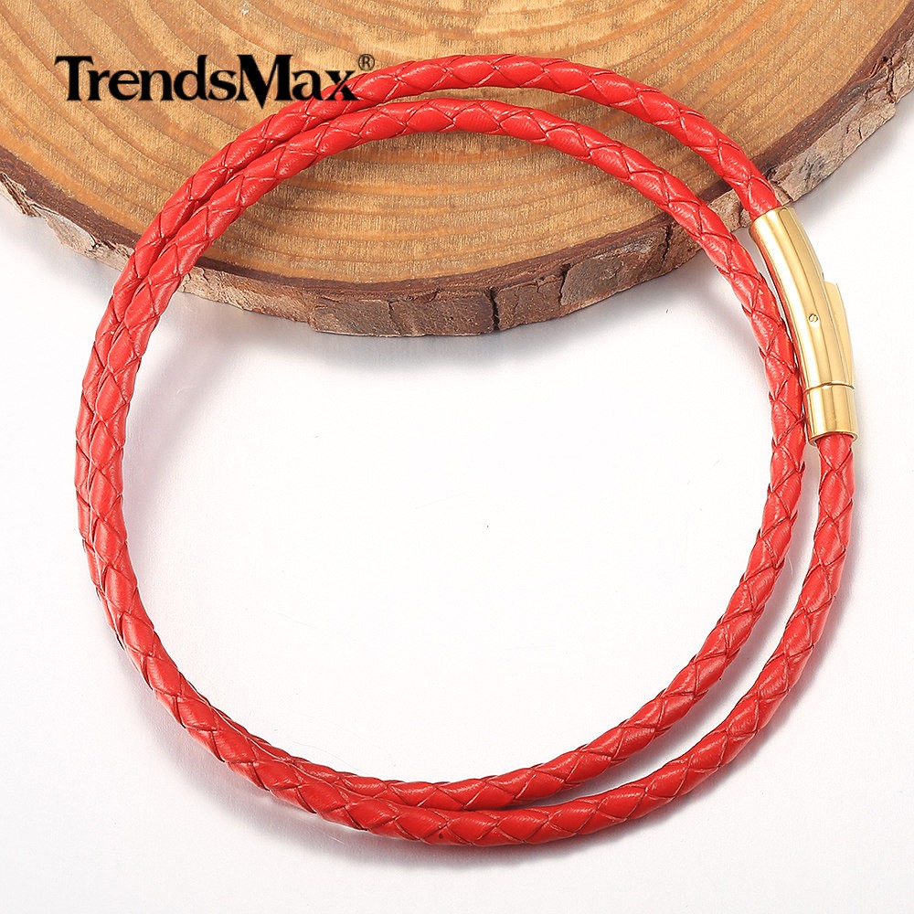 4mm Red Leather Rope Necklace Choker Gold Plated Stainless Steel Push Lock New