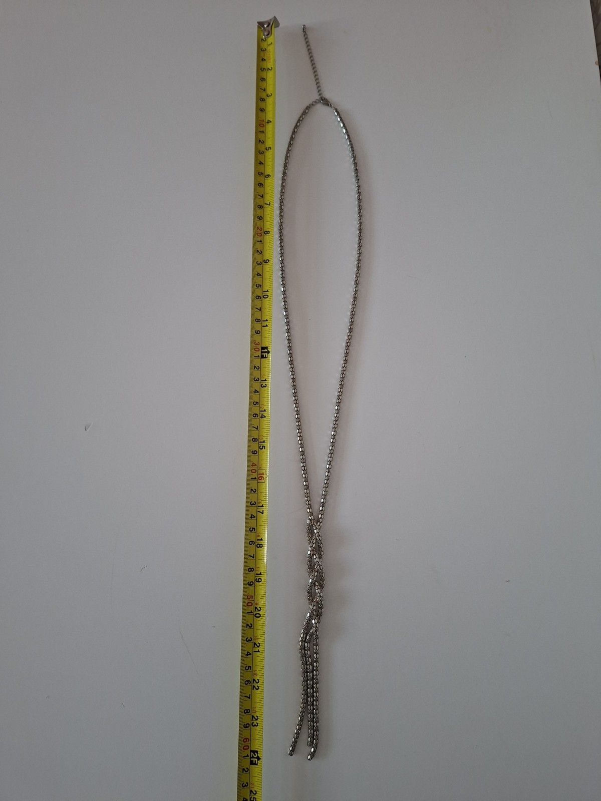 Long Silver Tone Tube Link Necklace Minimalist Boho Lightweight Statement 36cm