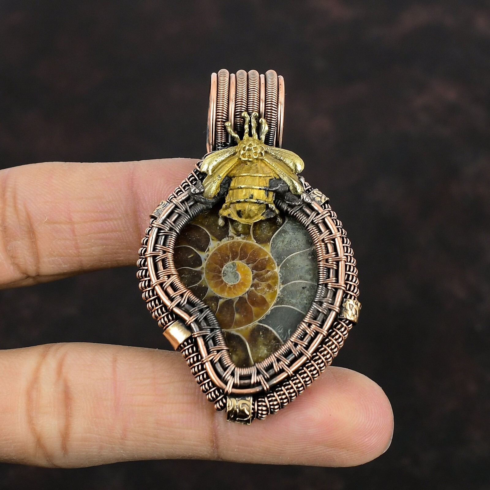 Ammonite Fossil Pendant Copper Wire Wrapped Gemstone Pendant Honey Bee Jewelry