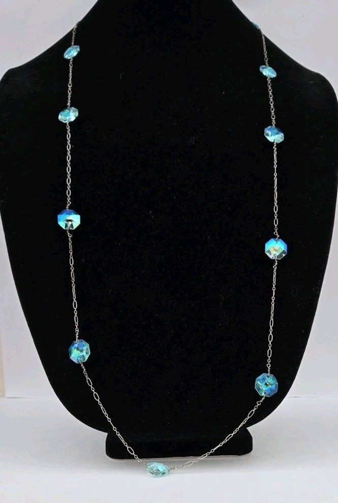 Vintage 925 Starling Silver Blue Crystal 41″ Long Station Necklace