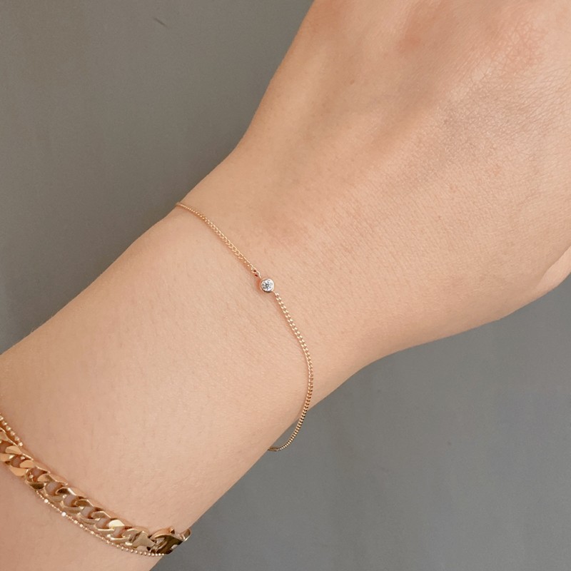14K Real Gold Solitaire Round CZ Simple Daily Thin Cuban Women Bracelet Jewelry
