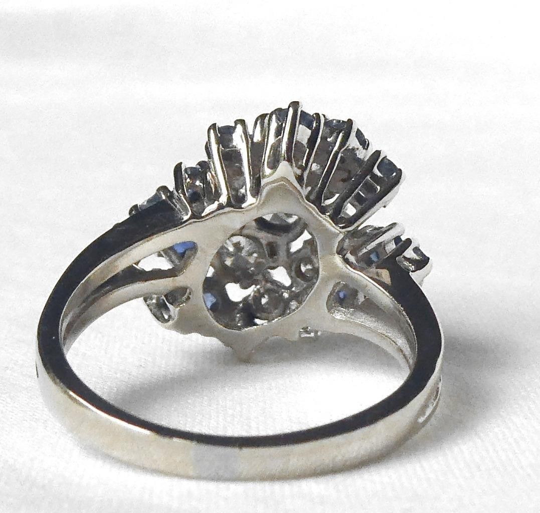 Vintage 14k White Gold 1.50 ctw Diamond Sapphire Waterfall Cluster Cocktail Ring