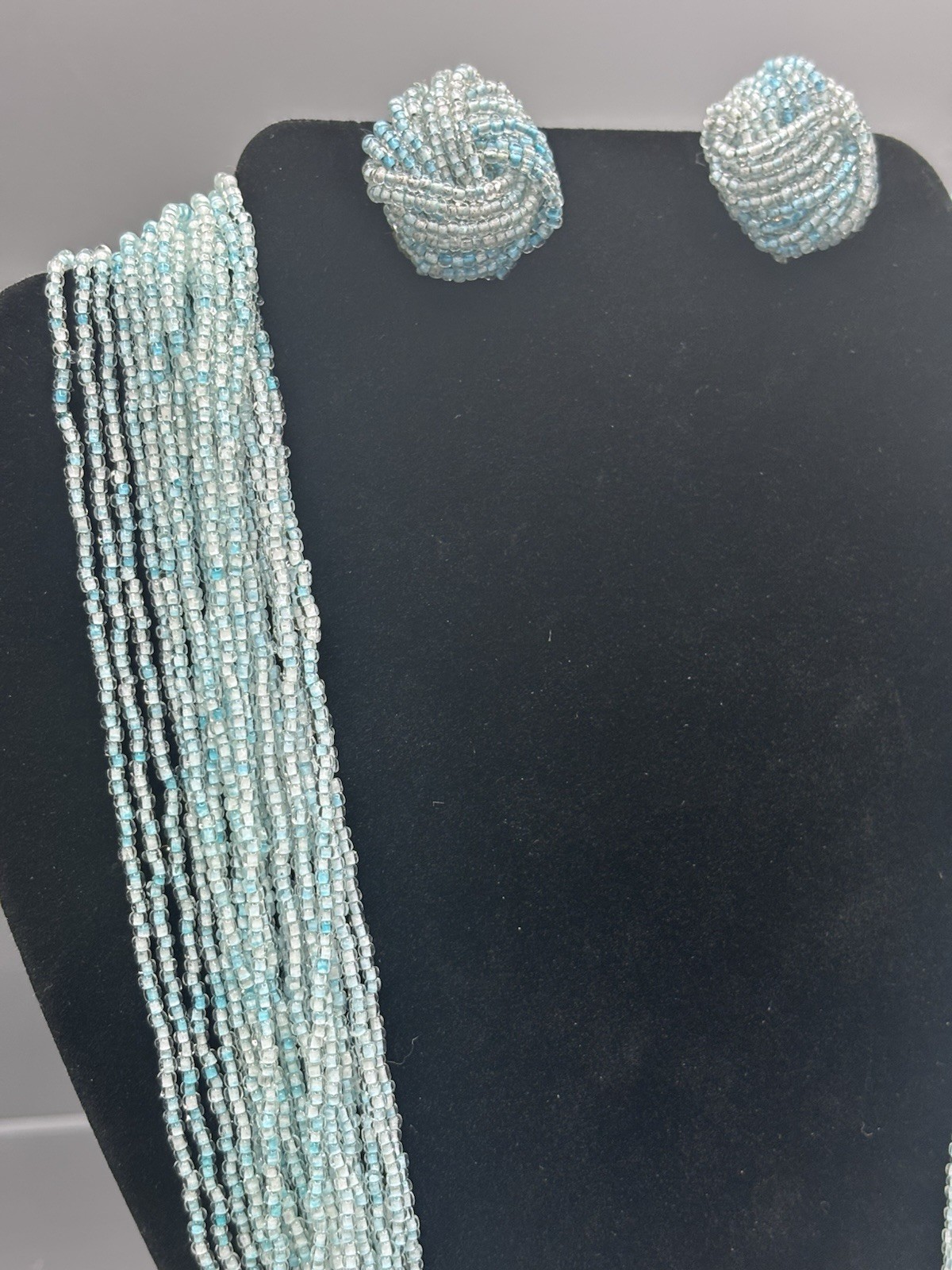 Vintage Glass Seed Bead Aqua Multi Strand Statement Necklace W/ Earrings 50’s