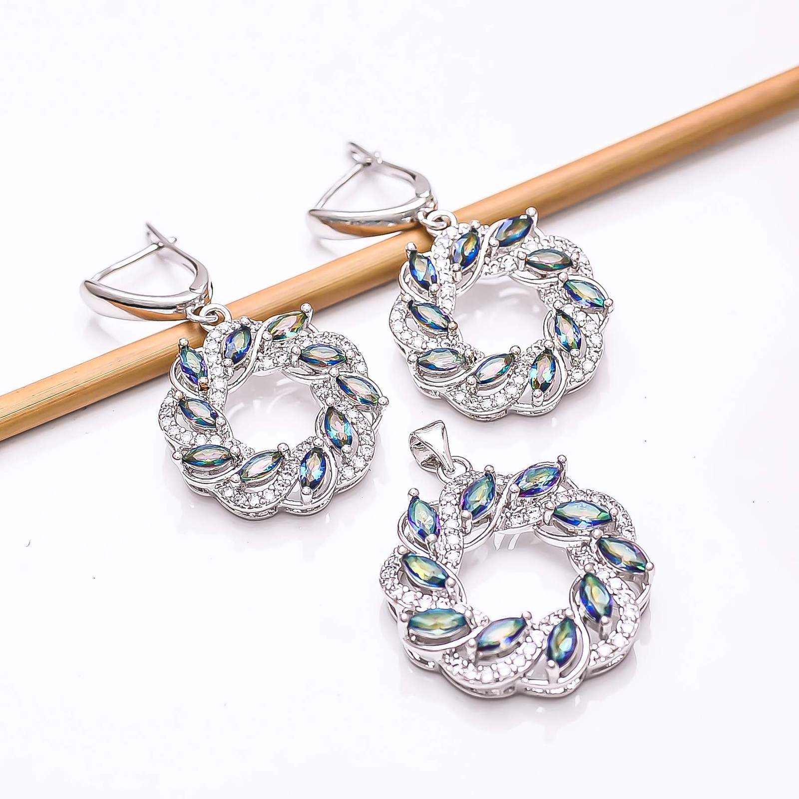 Blue Rainbow Mystic Fire Topaz & CZ 925 Silver Handmade Pendant Set PS8210