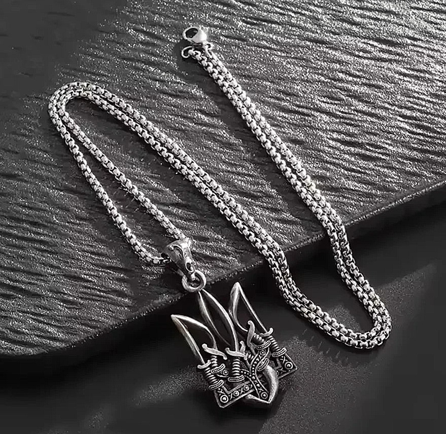 RARE UKRAINIAN Pendant TRYZUB Trident Emblem Necklace Choker Silver