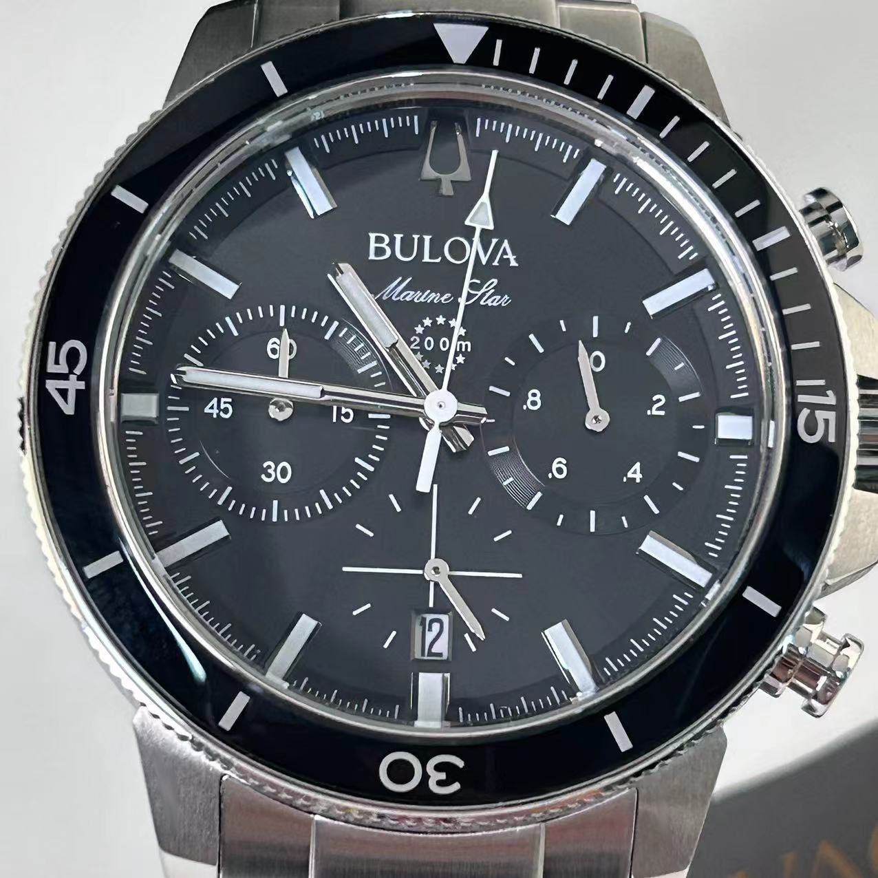 New Bulova Marine Star Black Dial Stainless Steel Men’s Quartz Watch 96B272 45mm