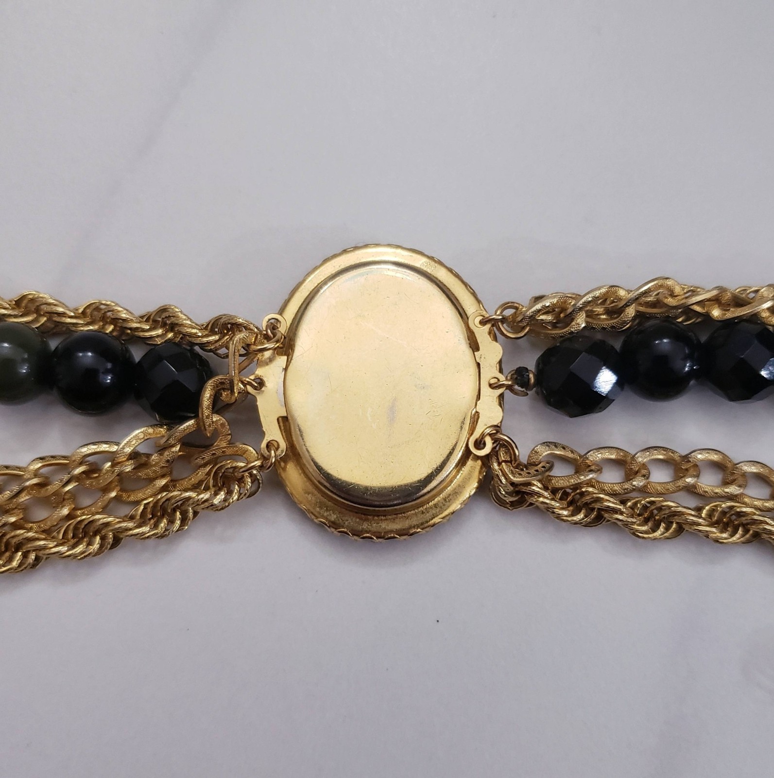 Vintage Pietra Dura Flower Mosaic Pendant Glass Bead Gold Tone Chain Necklace