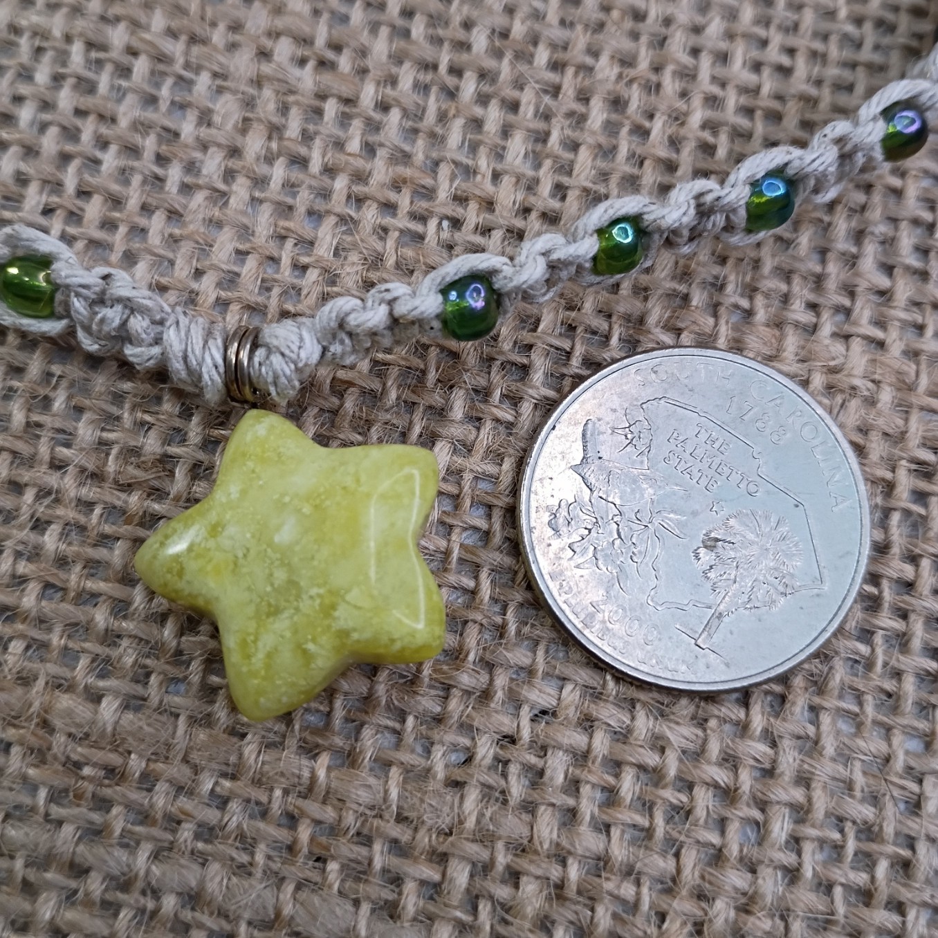 Natural Hemp Necklace w/ Jasper Star Charm & AB Beads, 16 -21 inch Ready to Ship