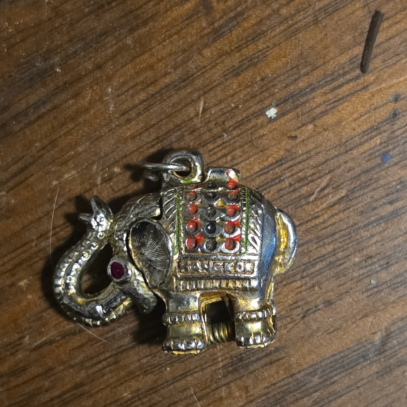 Vintage Bangkok Opening Elephant Locket Charm Pendant Enamel Rhinestone Secret