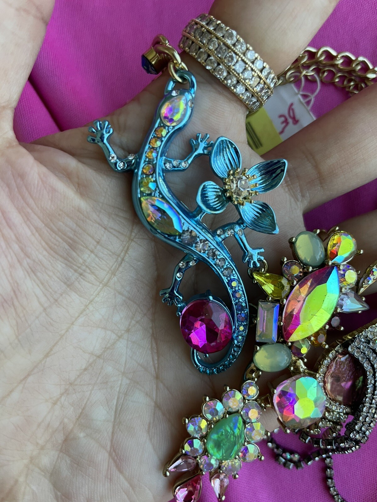 Betsey Johnson Paradise Lost Pink Flamingo Salamander Lizard Gecko Necklace RARE