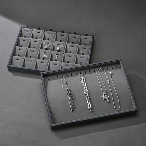 Grey Microfiber Jewelry Display Tray 24 Grids Pendant 24 Grid with Insert
