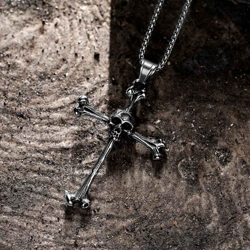 Mens Gothic Biker Skull Cross Pendant Necklace Chain Men Stainless Steel Gift