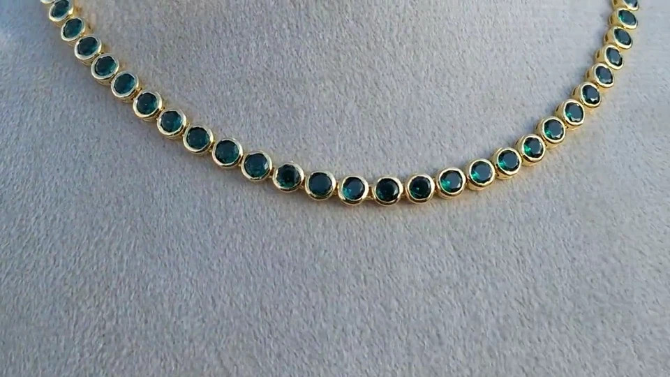 20TCW Round Cut Lab Created Emerald Bezel Tennis Necklace 14k Yellow Gold Plated