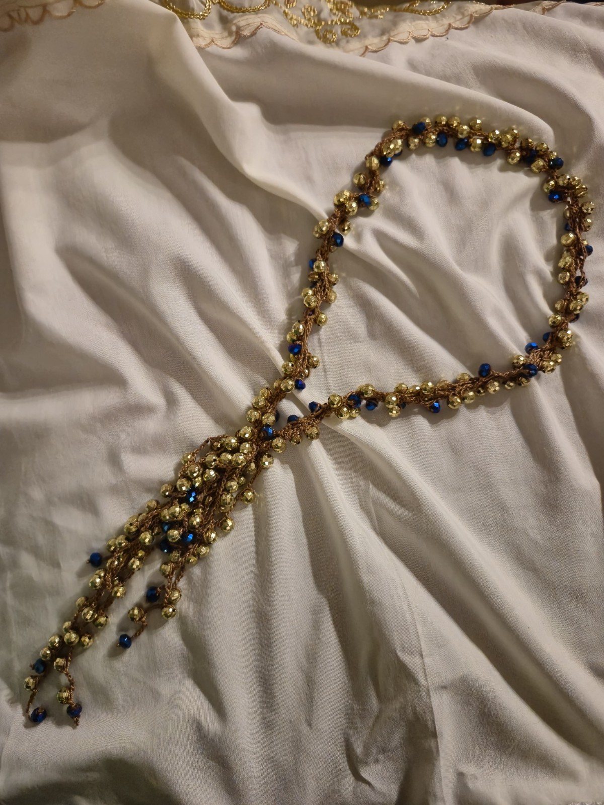 Handmade Silk Crochet Choker Gold Royal Blue Beaded Necklace Ethnic Women Jewelr
