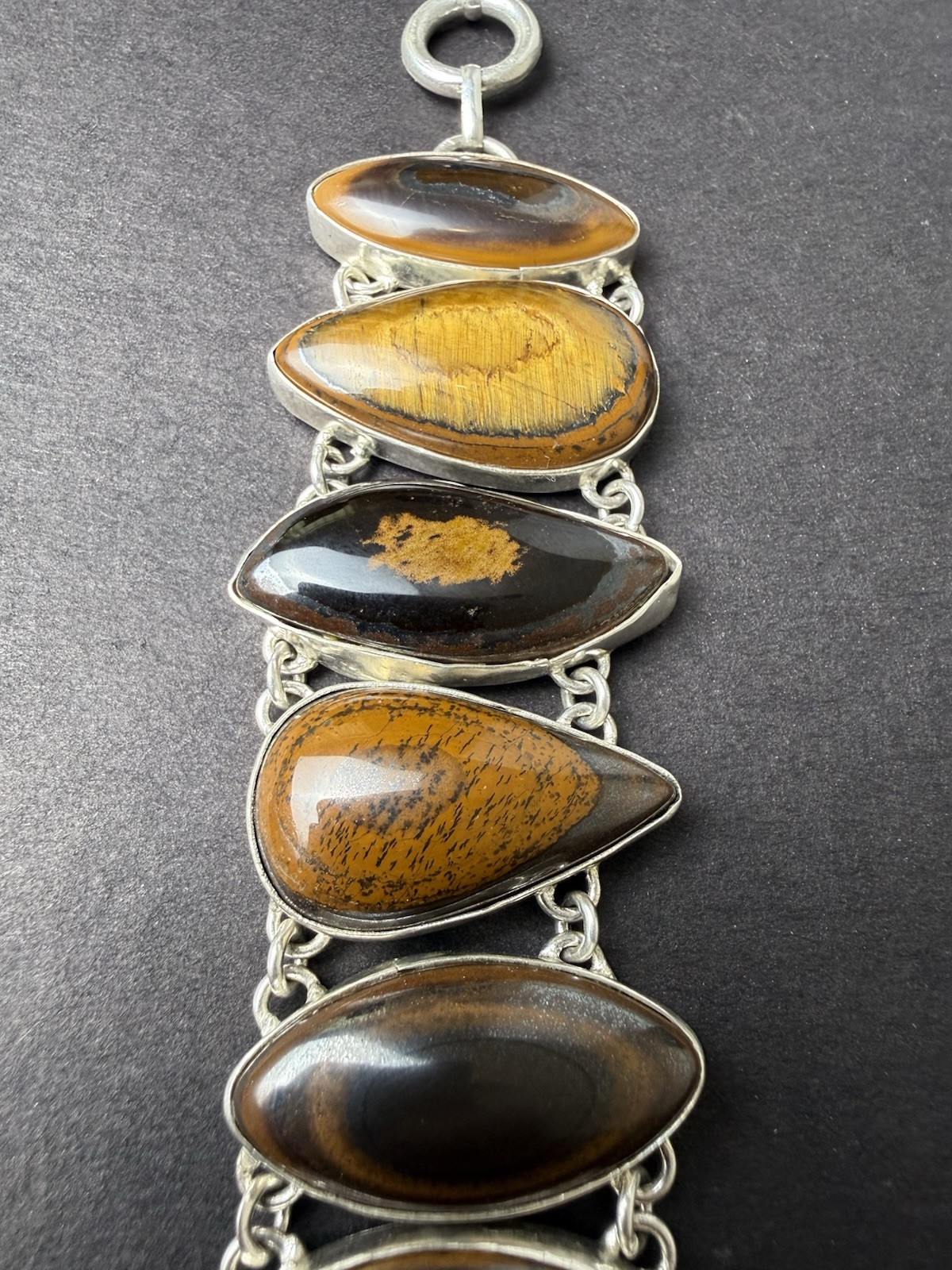 925 Sterling Silver Tiger Eye Link Bracelet Toggle Clasp Artisan
