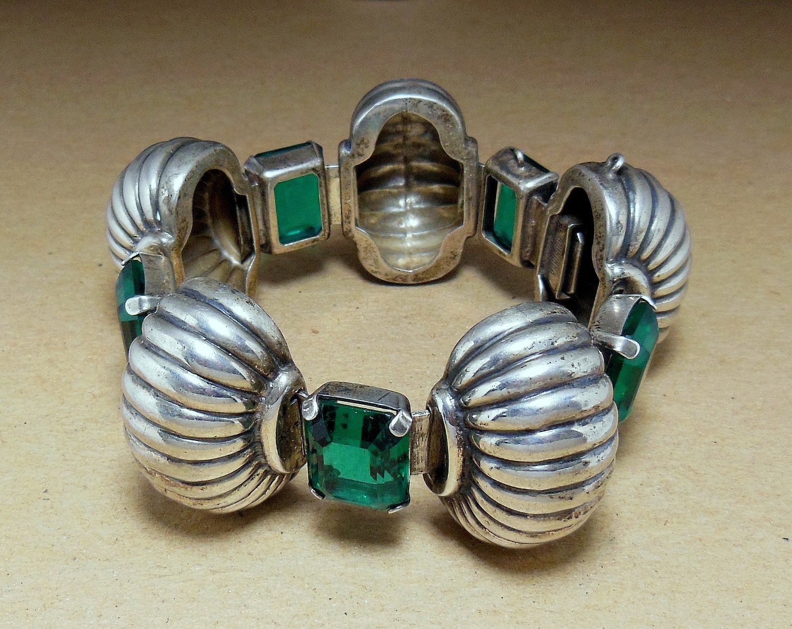 Vintage 40’s BOUCHER PARISINA Mexico Sterling Green Glass Bracelet & Earring SET