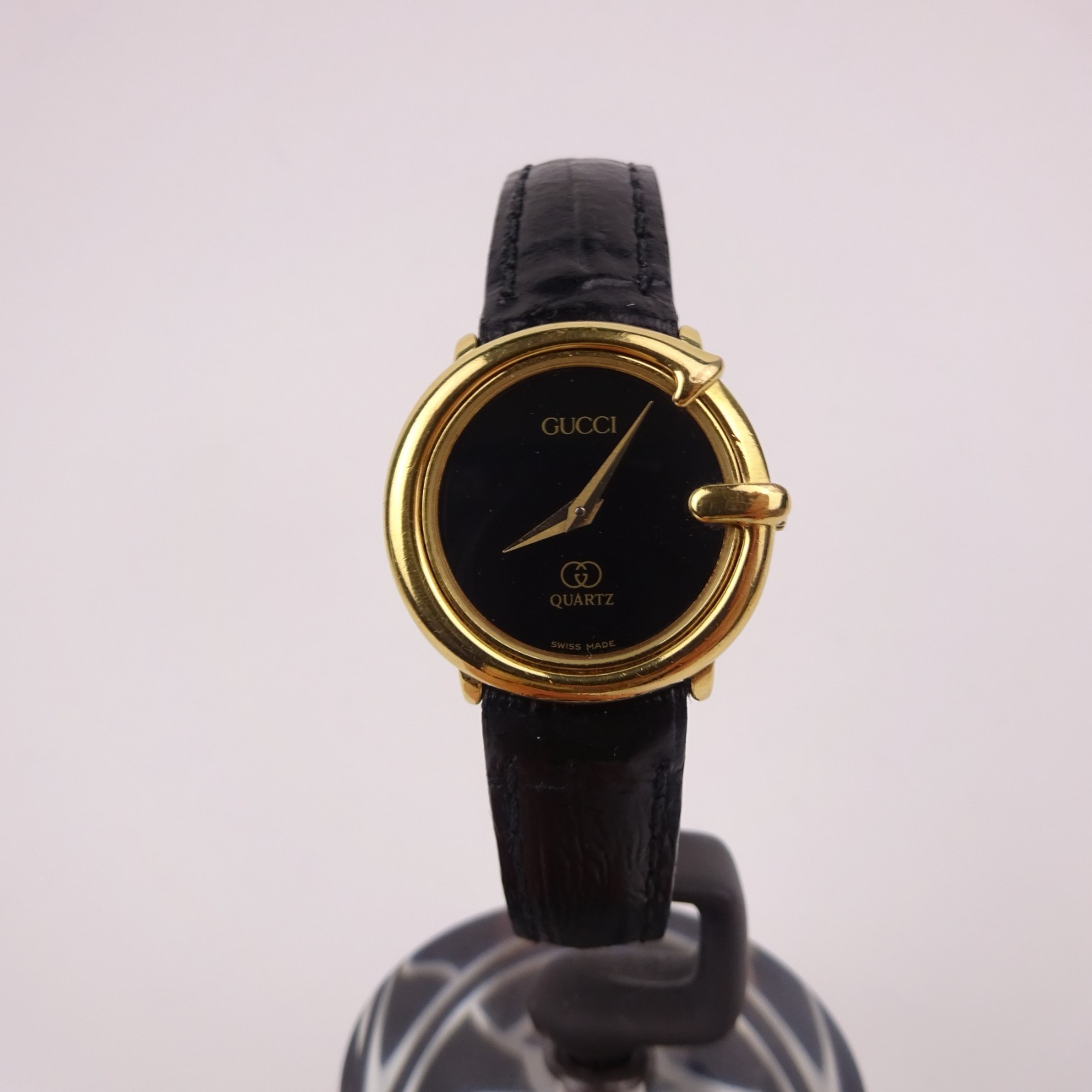 Gucci Vintage Watch Women’s Black Dial Gold Plated Black Leather Strap