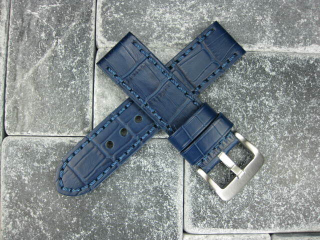 24mm BIG CROCO Leather Strap Blue Thick Watch Band Belt Blue Stitch for PANERAI