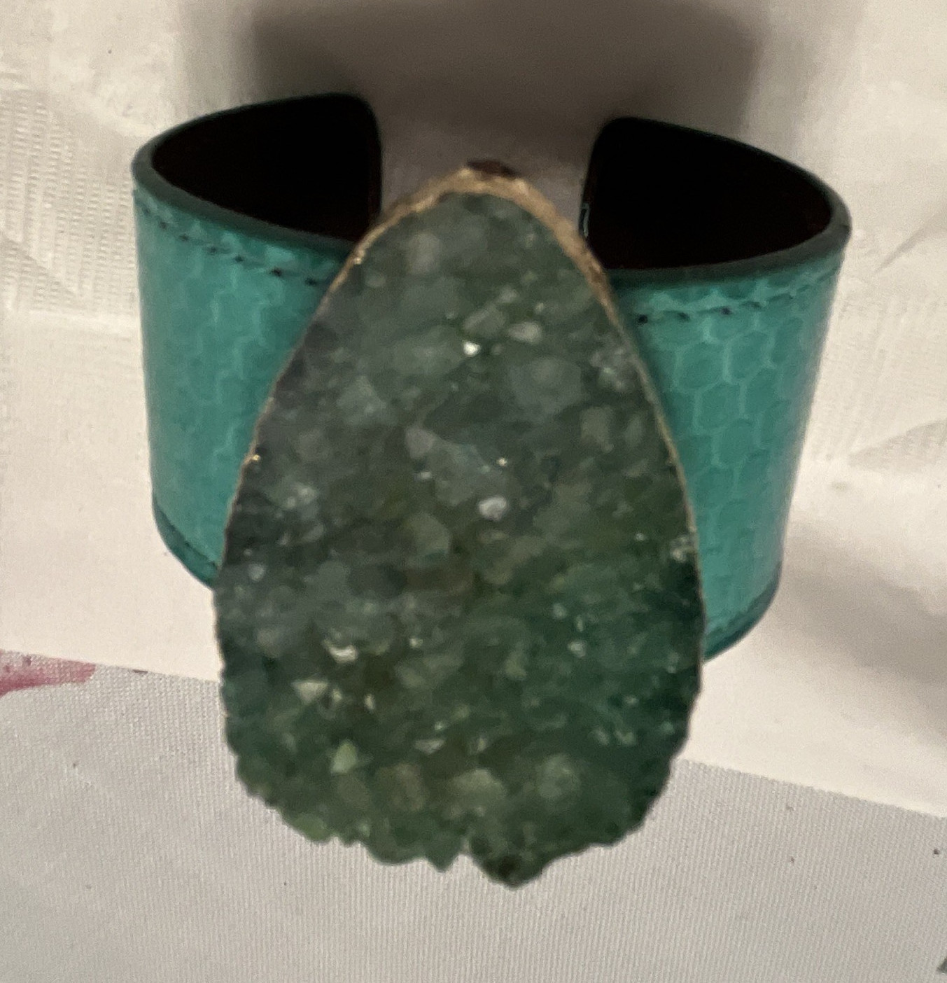 Green Faux Leather Cuff Bracelet Teardrop Druzy Stone Bezel Set 1 Gem