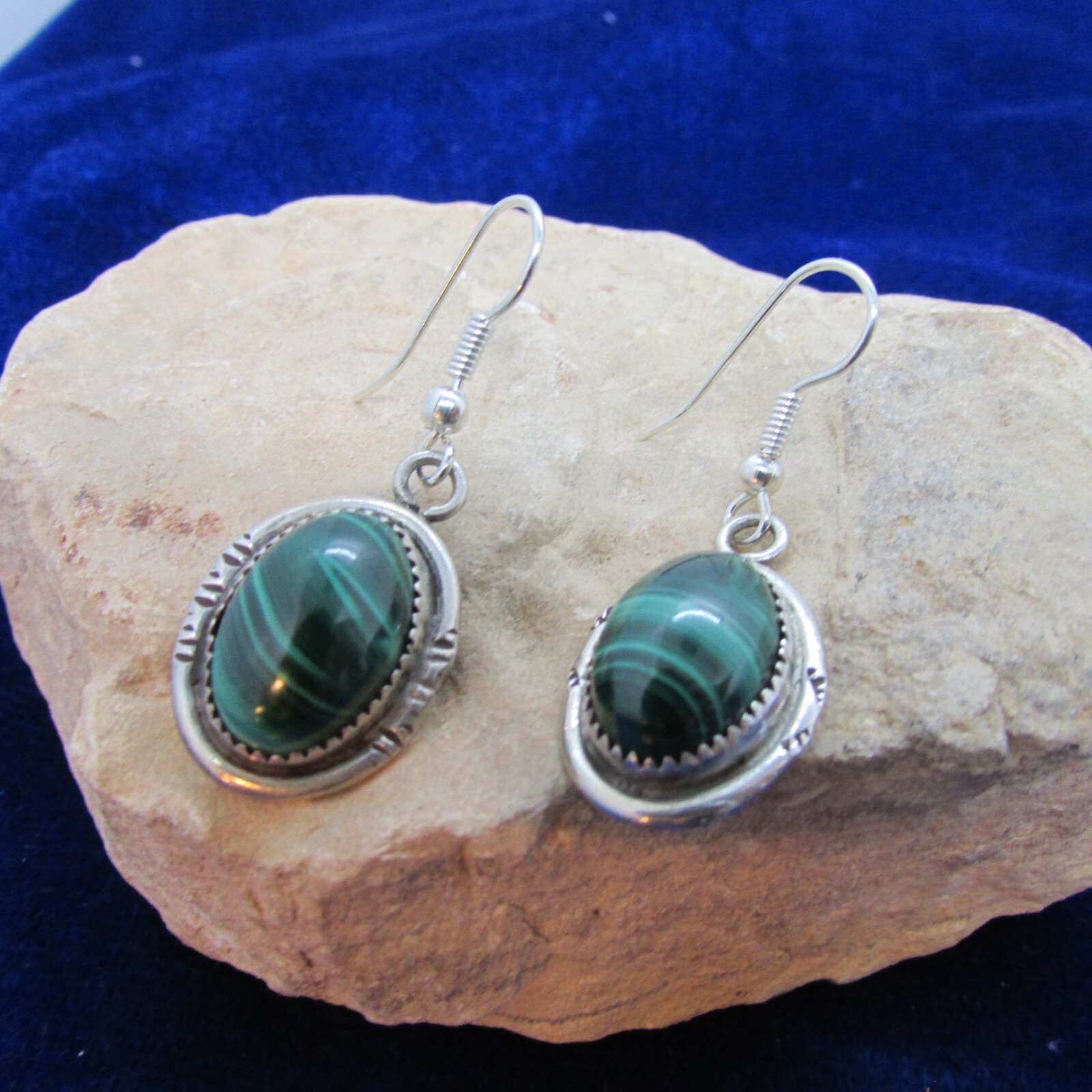 VINTAGE S W N A STERLING MALACHITE DANGLE EARRINGS SIGNED BENS