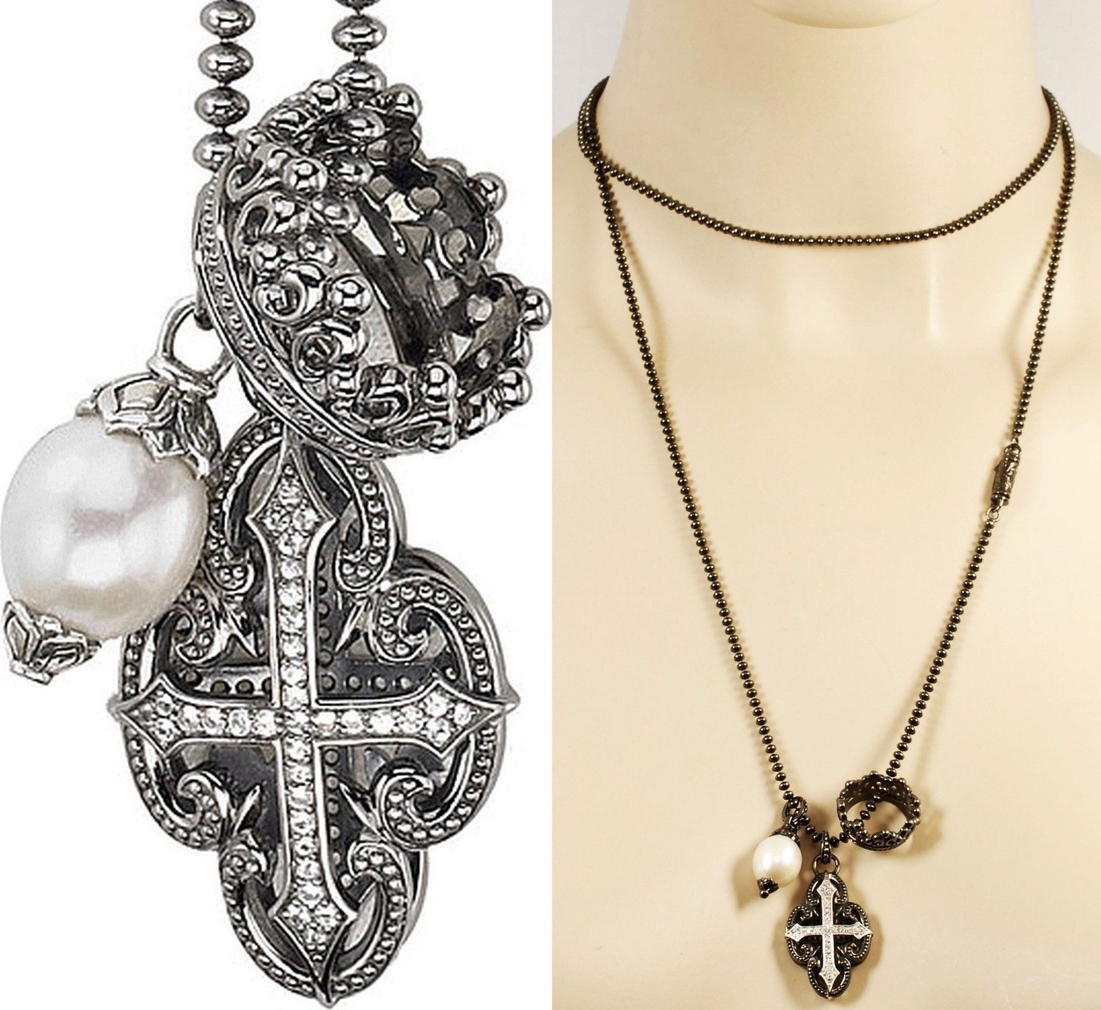 $750 Scott Kay Ruthenium Ball Chain Pearl Cross Charm Necklace Women Lady Gift