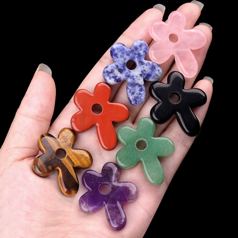 10pcs Mixed Natural Stone Hollow Flower Pendant DIY Jewelry Making 31x35mm