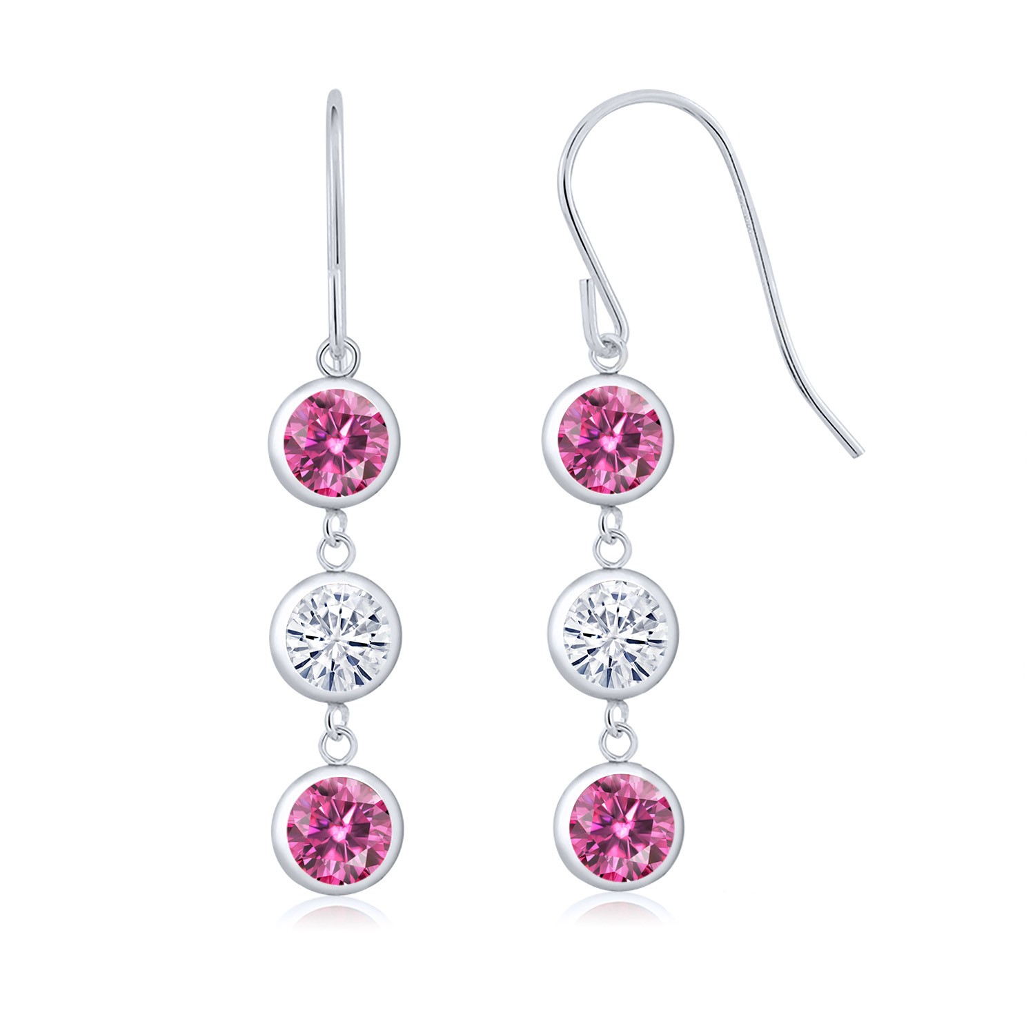925 Sterling Silver Pink Moissanite and White Moissanite 3 Stone French Wire