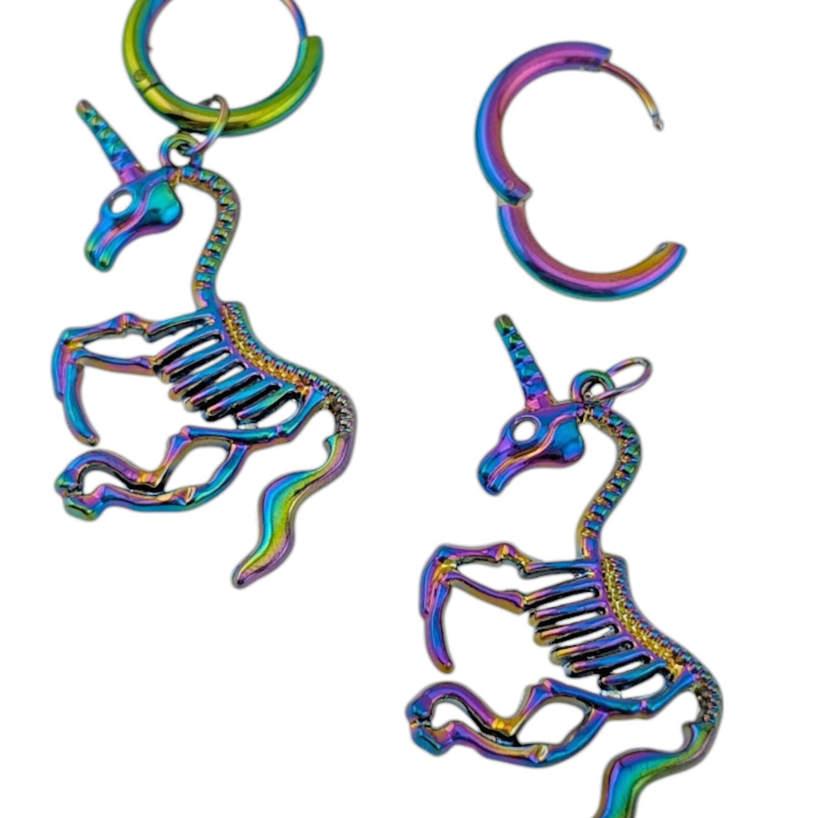 PRANCING UNICORN SKELETONS EARRINGS anodized oilslick rainbow pendant & hoop E5