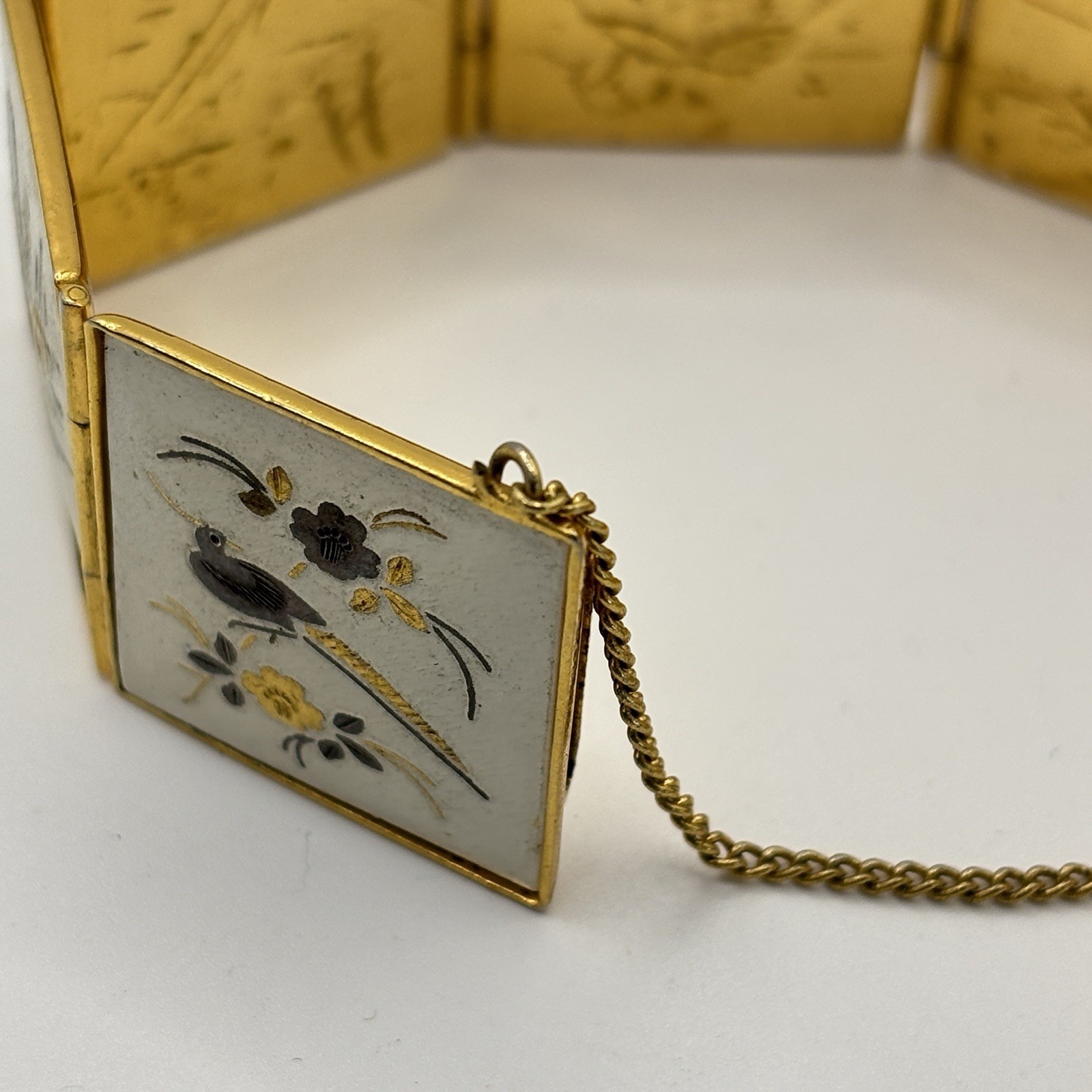 Vintage Amita Japan Damascene Panel Bracelet Gold Tone Scenic Floral Bird Motif