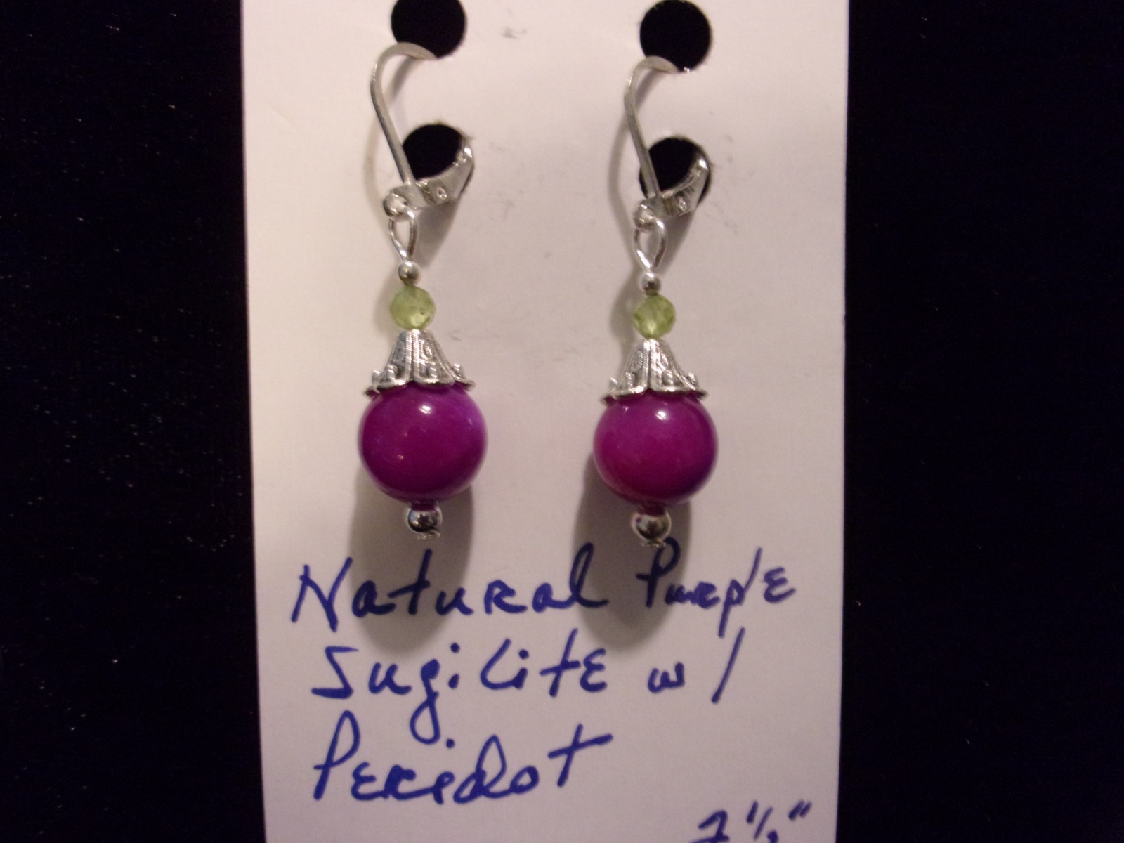 925 Natural Sugilite & Peridot Leverback Earrings w/Matching Bracelet 7 1/2″