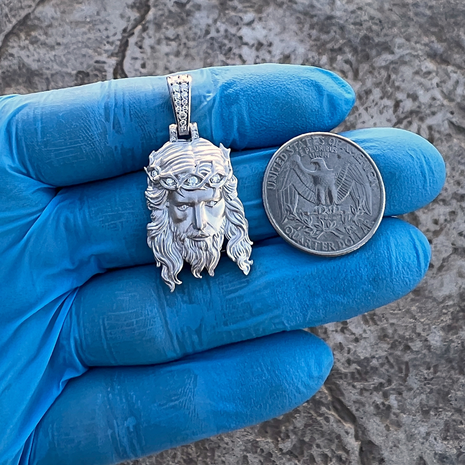 925 Sterling Silver Matte Sandblast Jesus Head Moissanite VVS D Pendant Small 1″