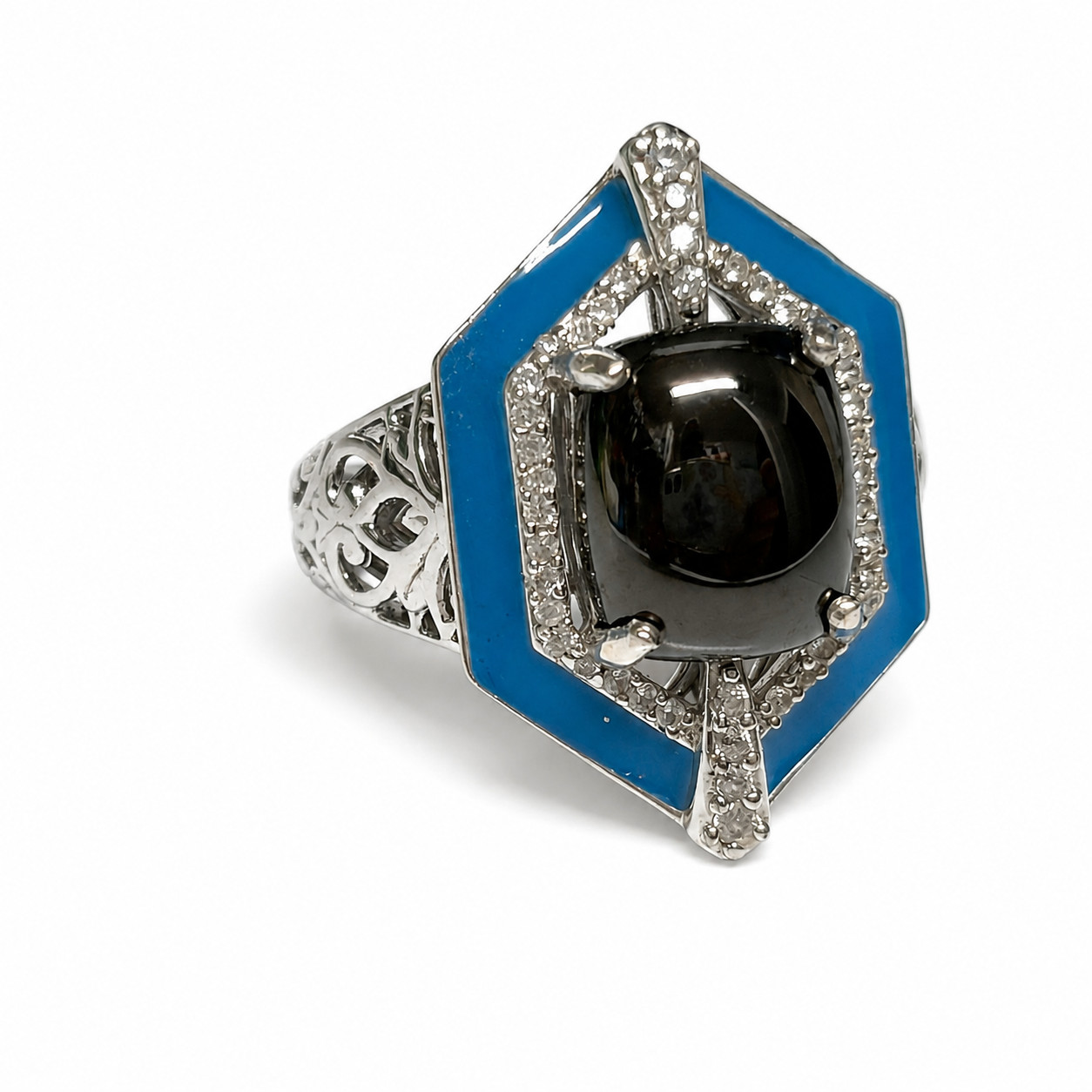 ART DECO Estate Black Shungite Cabochon Ring Sterling 92 (8) Blue Enamel CZ NEW