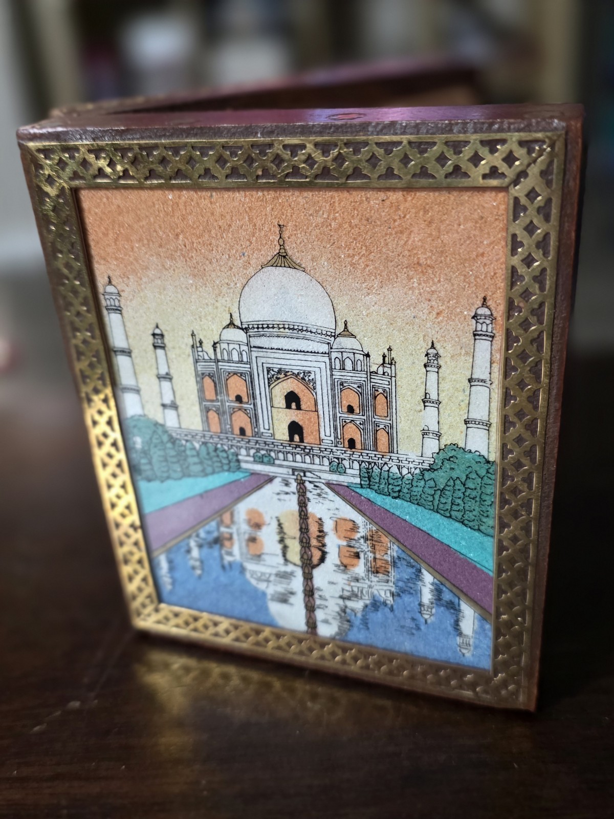 Indian Taj Mahal Glass Gemstone Painting Jewelry Box With Brass Border