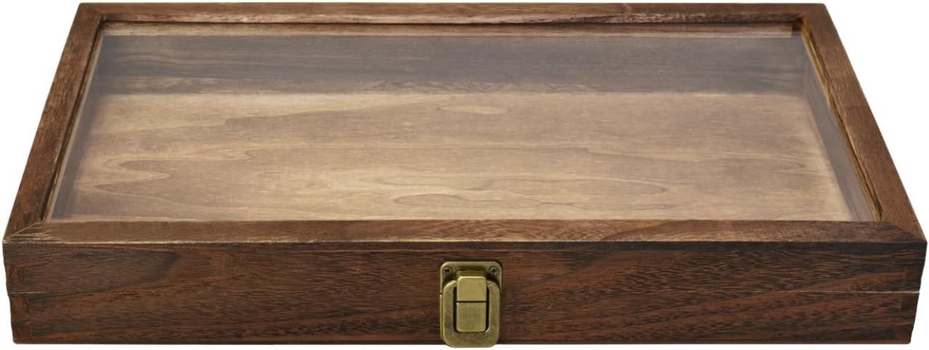 Elegant Wooden Jewelry Display Case with Tempered Glass Top, Brown – 15″ x 8.5″