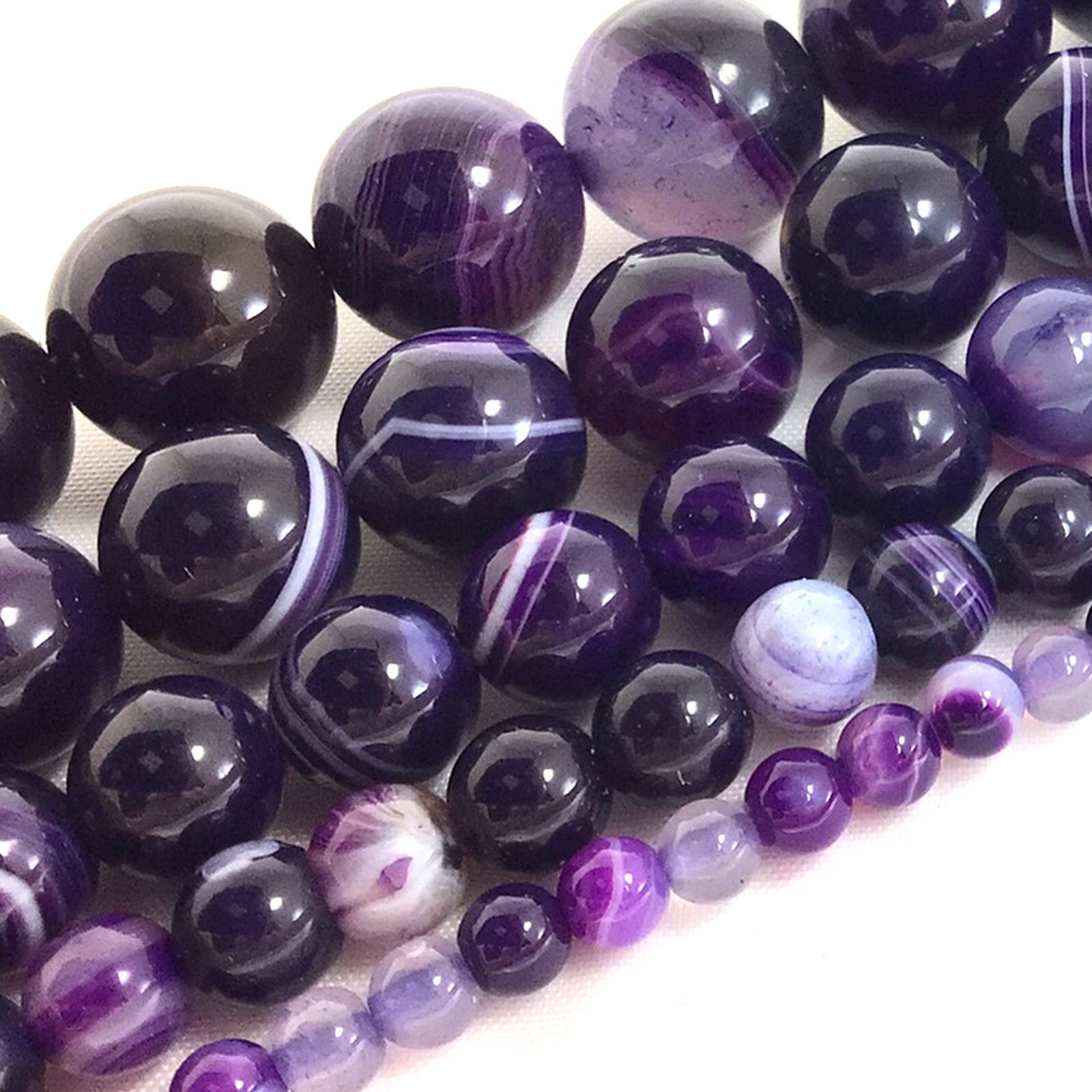 Gemstone Natural Purple Stripe Agate Smooth Round Loose Beads 15″ Jewelry Making
