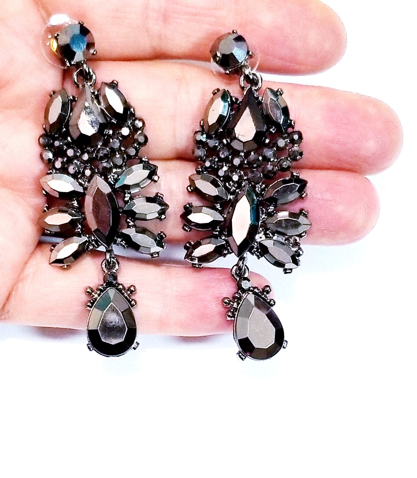 Gray Chandelier Drop Earrings Rhinestone Crystal 2.6 inch