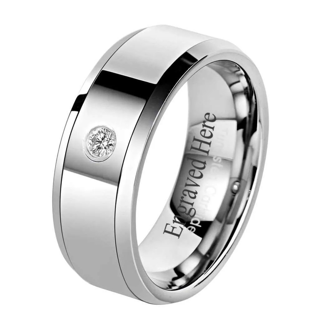 Glossy Beveled Edge Tungsten Carbide Cubic Zirconia Ring